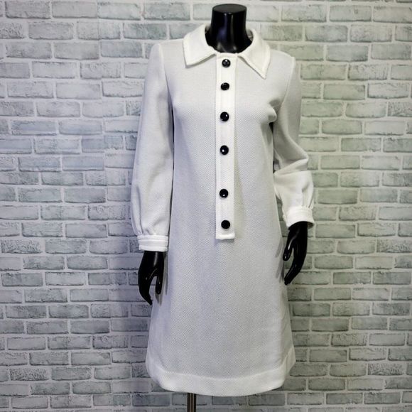 Vintage 60s Micia of Rome Robert Peters White Waffle Knit Polyester Mod Dress - Picture 2 of 10